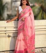 Pink printed chanderi cotton printed saree with blouse