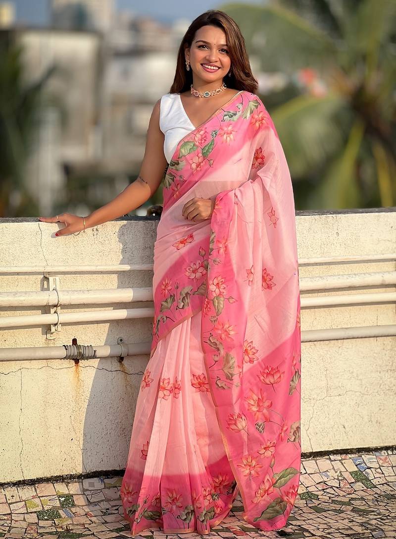 Pink printed chanderi cotton printed saree with blouse