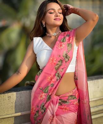 Pink printed chanderi cotton printed saree with blouse 3