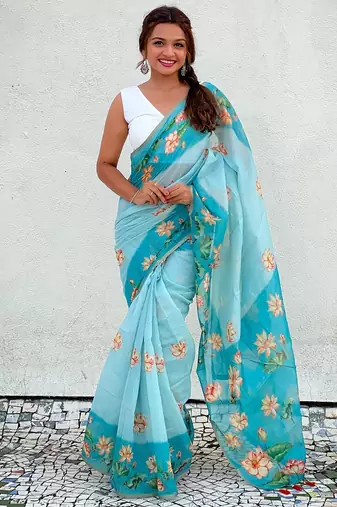 Sky blue printed chanderi cotton printed saree with blouse