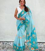 Sky blue printed chanderi cotton printed saree with blouse