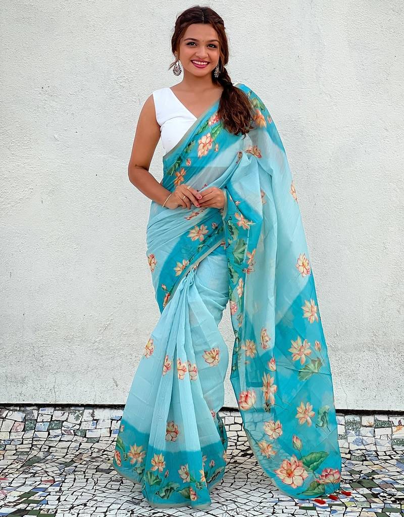 Sky blue printed chanderi cotton printed saree with blouse