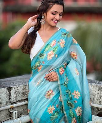 Sky blue printed chanderi cotton printed saree with blouse 2