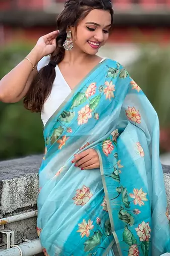 Sky blue printed chanderi cotton printed saree with blouse