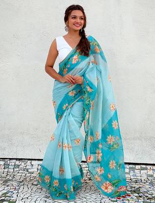Sky blue printed chanderi cotton printed saree with blouse 3
