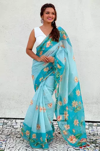 Sky blue printed chanderi cotton printed saree with blouse