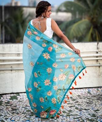 Sky blue printed chanderi cotton printed saree with blouse 4