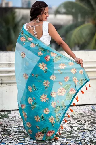 Sky blue printed chanderi cotton printed saree with blouse