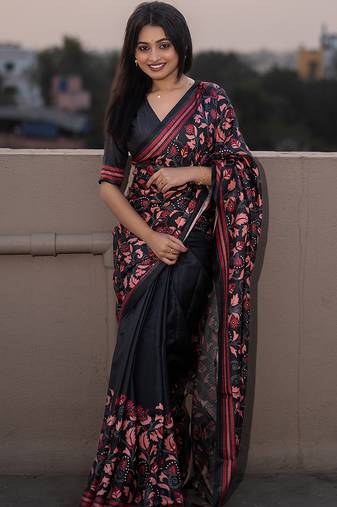 Black printed kolam silk printed saree with blouse