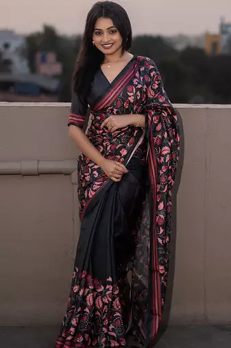 Black printed kolam silk printed saree with blouse