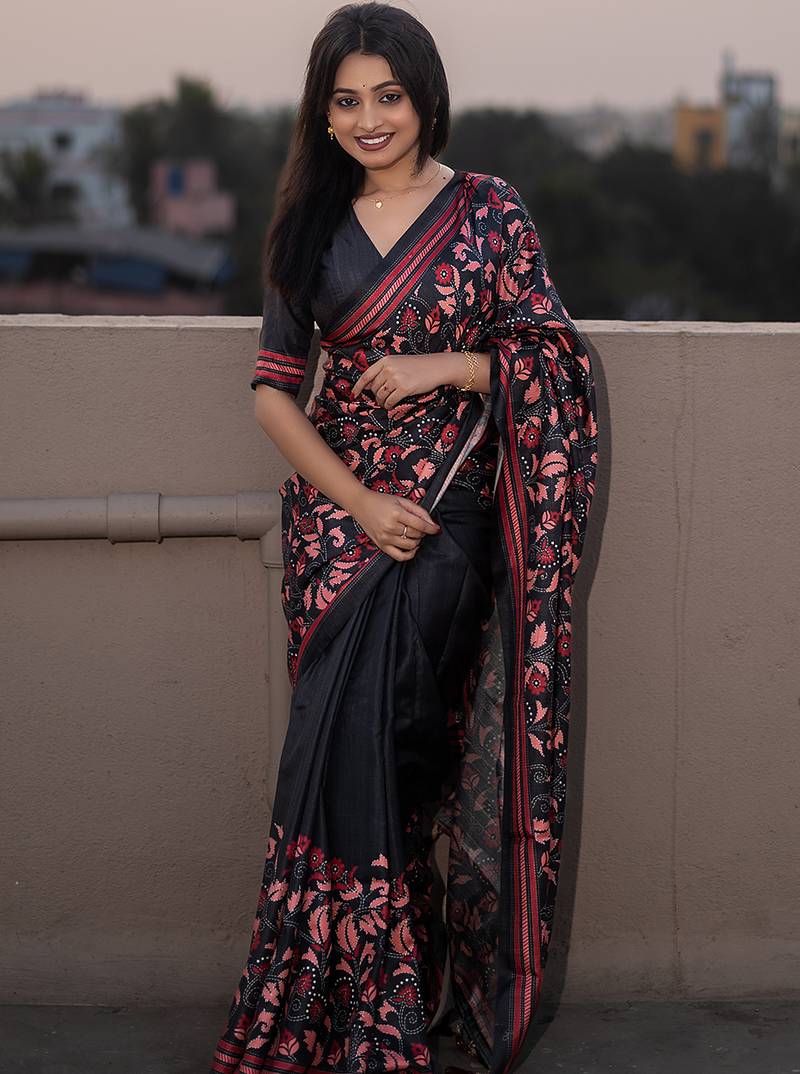 Black printed kolam silk printed saree with blouse