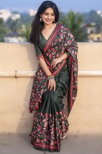 Dark green printed kolam silk printed saree with blouse