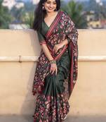 Dark green printed kolam silk printed saree with blouse