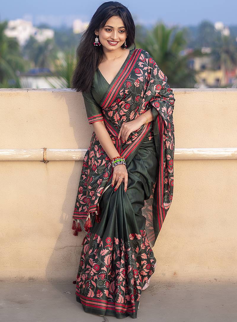 Dark green printed kolam silk printed saree with blouse