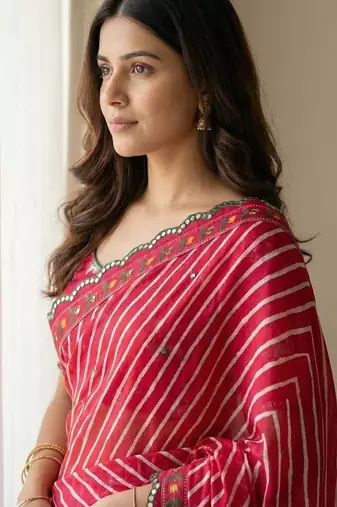 Red Color Aaari Mirror Foil Work and  Gopi Kana Print Silk Saree