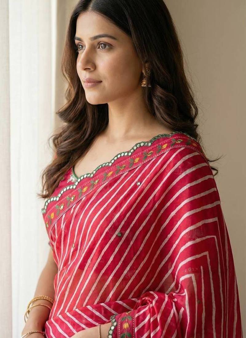 Red Color Aaari Mirror Foil Work and  Gopi Kana Print Silk Saree