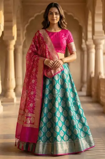 Pure Silk Unstitched Banarasi Lehanga Set in Contrast Shade with Blouse