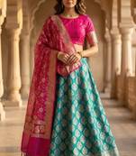 Pure Silk Unstitched Banarasi Lehanga Set in Contrast Shade with Blouse
