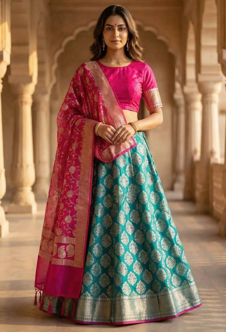 Pure Silk Unstitched Banarasi Lehanga Set in Contrast Shade with Blouse