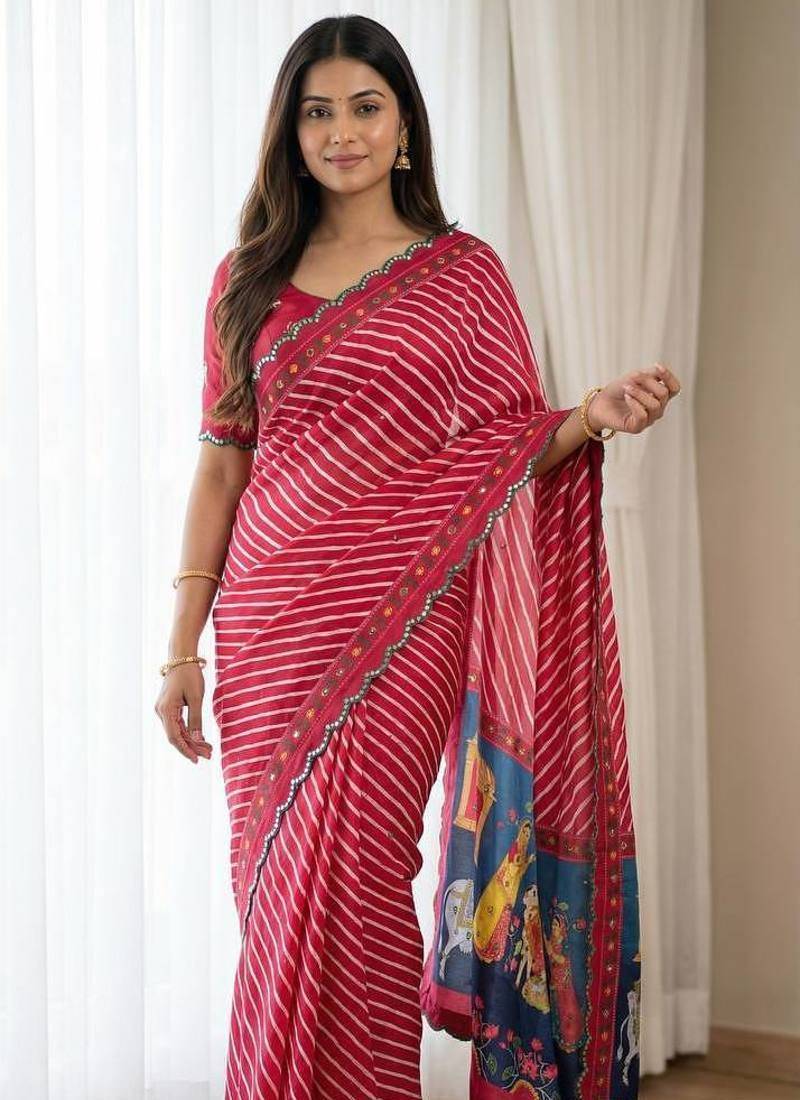 Red Color Aaari Mirror Foil Work and  Gopi Kana Print Silk Saree