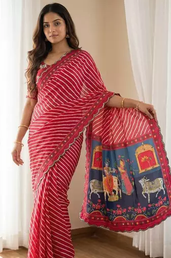 Red Color Aaari Mirror Foil Work and  Gopi Kana Print Silk Saree