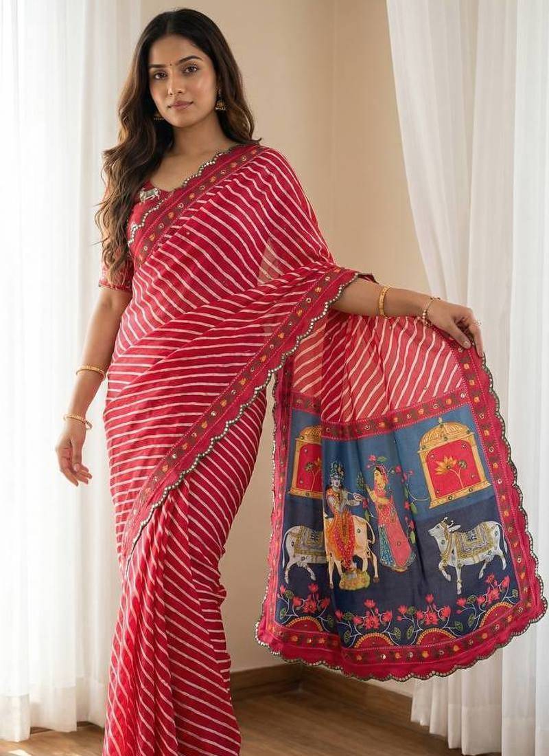 Red Color Aaari Mirror Foil Work and  Gopi Kana Print Silk Saree