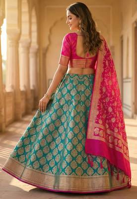 Pure Silk Unstitched Banarasi Lehanga Set in Contrast Shade with Blouse 2