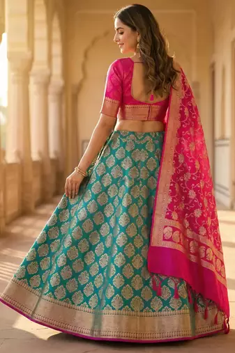 Pure Silk Unstitched Banarasi Lehanga Set in Contrast Shade with Blouse