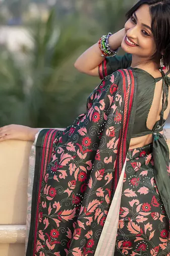 Dark green printed kolam silk printed saree with blouse