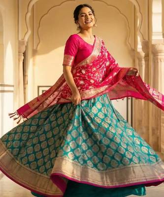 Pure Silk Unstitched Banarasi Lehanga Set in Contrast Shade with Blouse 3