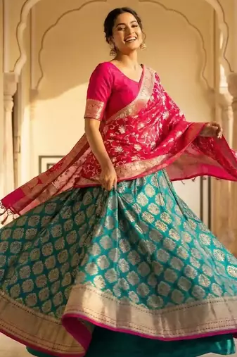 Pure Silk Unstitched Banarasi Lehanga Set in Contrast Shade with Blouse