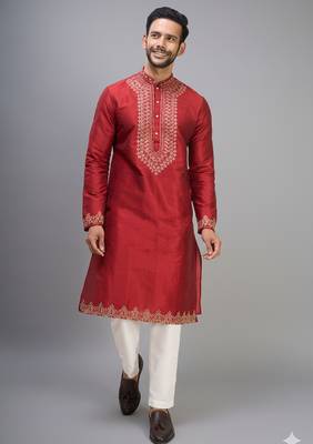 men’s red silk kurta set with heavy embroidery 2