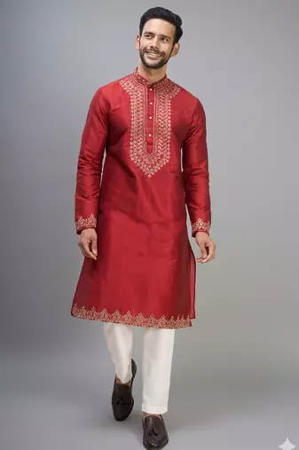 men’s red silk kurta set with heavy embroidery