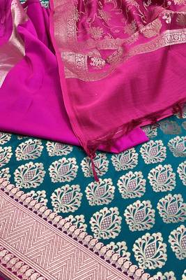 Pure Silk Unstitched Banarasi Lehanga Set in Contrast Shade with Blouse 4