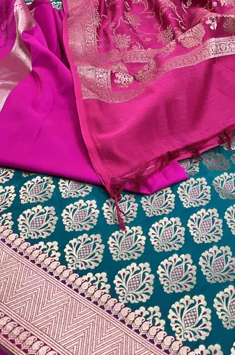 Pure Silk Unstitched Banarasi Lehanga Set in Contrast Shade with Blouse