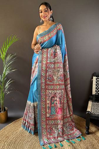 Blue printed tussar silk printed saree with blouse