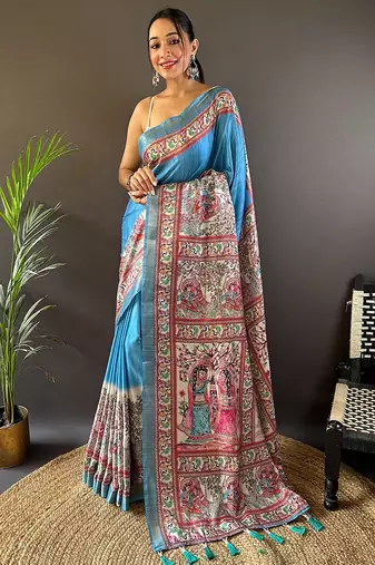 Blue printed tussar silk printed saree with blouse