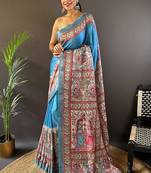 Blue printed tussar silk printed saree with blouse