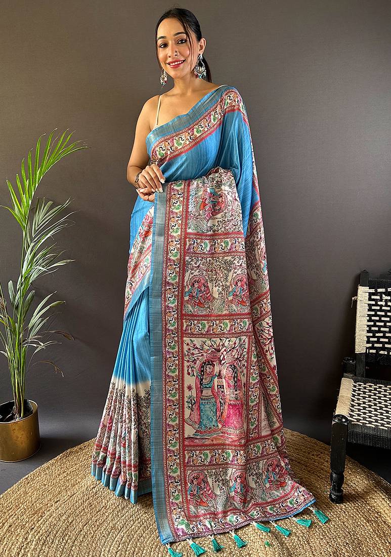 Blue printed tussar silk printed saree with blouse