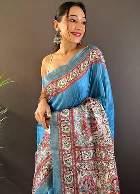 Blue printed tussar silk printed saree with blouse 2