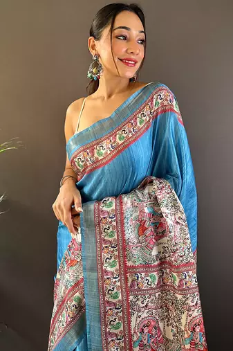 Blue printed tussar silk printed saree with blouse