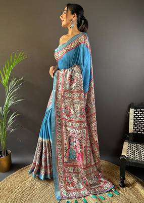 Blue printed tussar silk printed saree with blouse 3