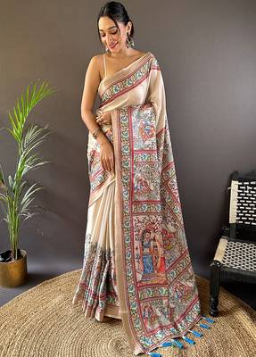 Cream printed tussar silk printed saree with blouse 1