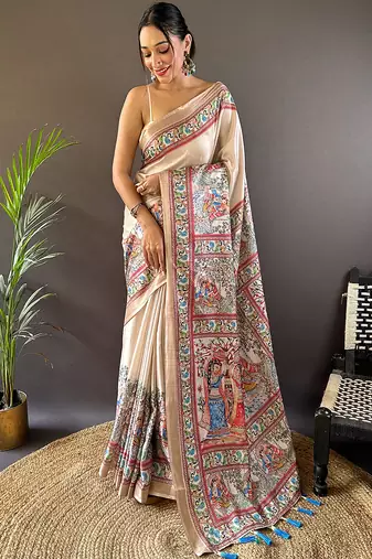 Cream printed tussar silk printed saree with blouse