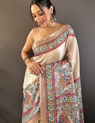 Cream printed tussar silk printed saree with blouse 2