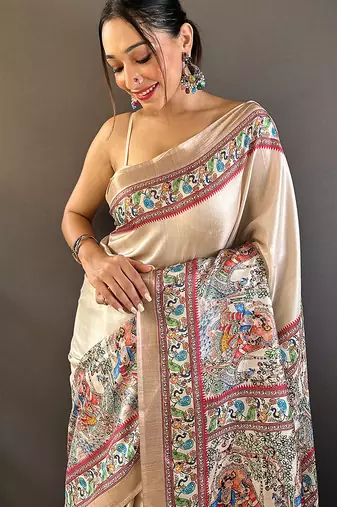 Cream printed tussar silk printed saree with blouse