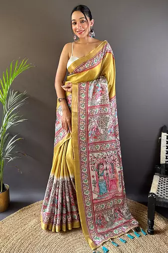 Gold printed tussar silk printed saree with blouse