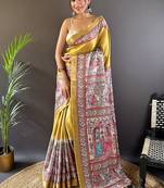 Gold printed tussar silk printed saree with blouse