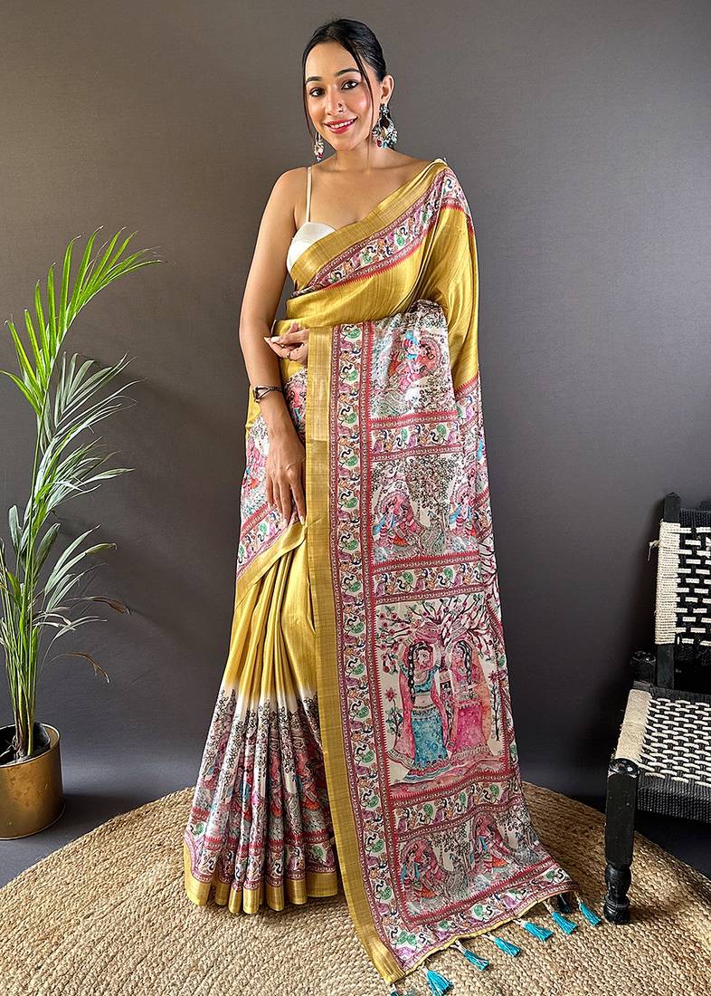 Gold printed tussar silk printed saree with blouse
