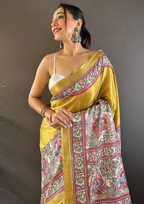 Gold printed tussar silk printed saree with blouse 2
